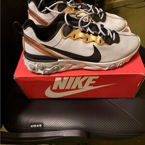 Nike React Element 55 White and Gold Sneakers
